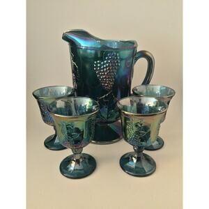 Carnival Harvest Blue Pitcher & 4 Tumblers - Iridescent Colony Glass 1970s